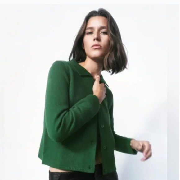 Green Wool Cropped Cardigan Zara Size Small - Picture 7 of 8
